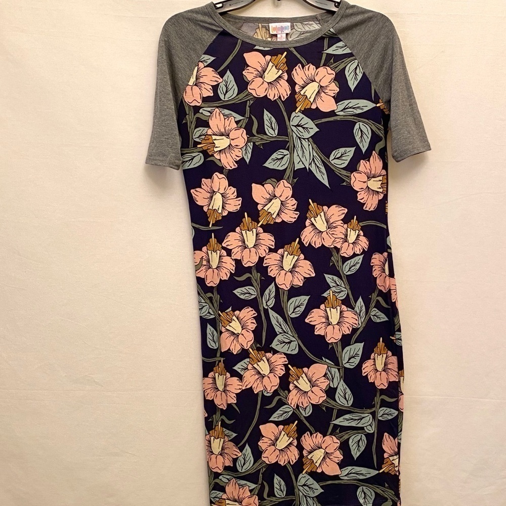 LULAROE Size Small JERSEY DRESS Lily Flower Floral Navy Blue - Picture 5 of 9